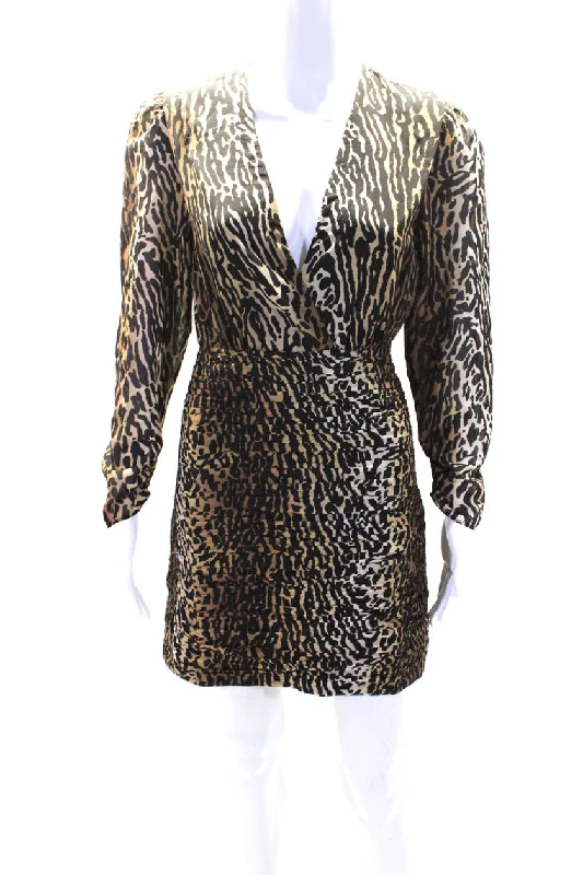 TIME-Limited Offer Rixo Womens Side Zip Long Sleeve V Neck Leopard Silk Dress Brown