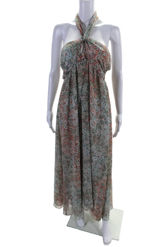 Price Cut Misa Womens Floral Print Ruched Tied Sleeveless Maxi Slip-On Dress Green