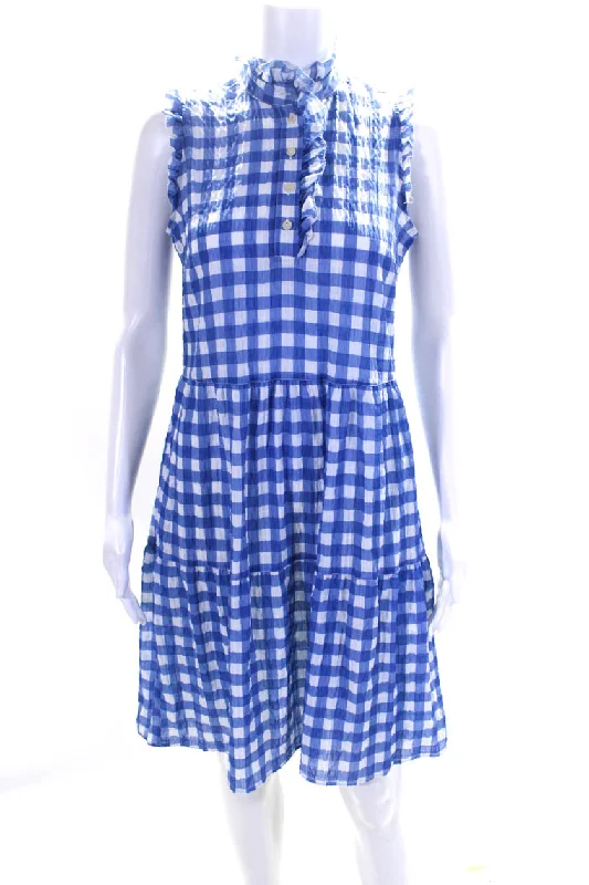 Incredible Offers 0039 Italy Womens Blue Gingham Ruffle Crew Neck Sleeveless Pompea Dress Incredible Offers 0039 Italy Womens Blue Gingham Ruffle Crew Neck Sleeveless Pompea Dress