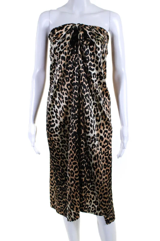 Lowest Prices Ganni Womens Open Back Halter V Neck Leopard Silk Dress Black Brown