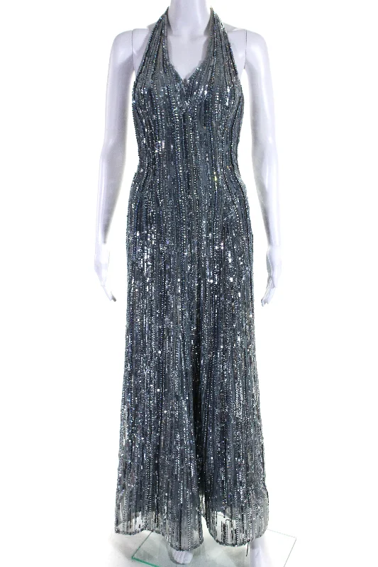 Shop and Save Elie Saab Womens Embroidered Sequined Hook & Loop Zip Gown Blue