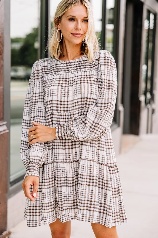 Early Access Make Your Day Brown Plaid Babydoll Dress