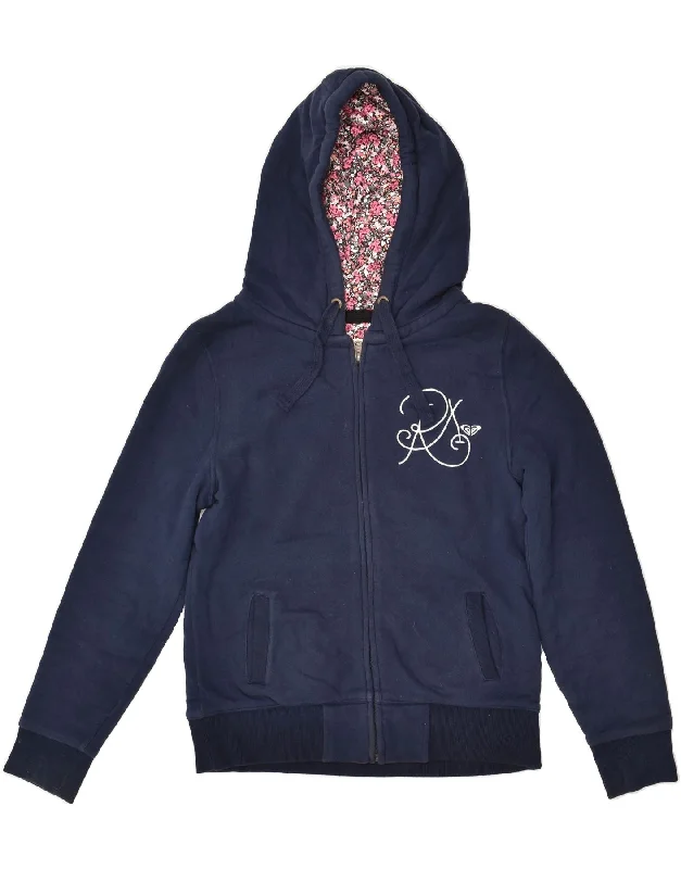 Loyalty Reward ROXY Womens Graphic Zip Hoodie Sweater UK 14 Medium Navy Blue Cotton