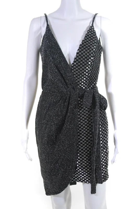 Savings Alert PatBO Womens Checker Draped Spaghetti Strap Mini Dress Black Silver Tone