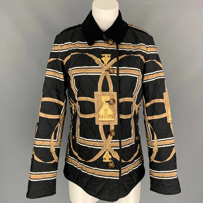 Shop and Save BURBERRY Size M Black & Gold Quilted Print Polyester Jacket