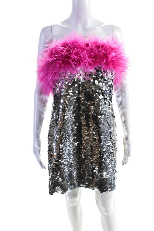 Today Only Nadine Merabi Womens Feather Trim Sequin Shift Dress Silver Pink