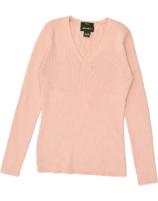 Sale Event EDDIE BAUER Womens Stretch V-Neck Jumper Sweater UK 10 Small Pink Cotton