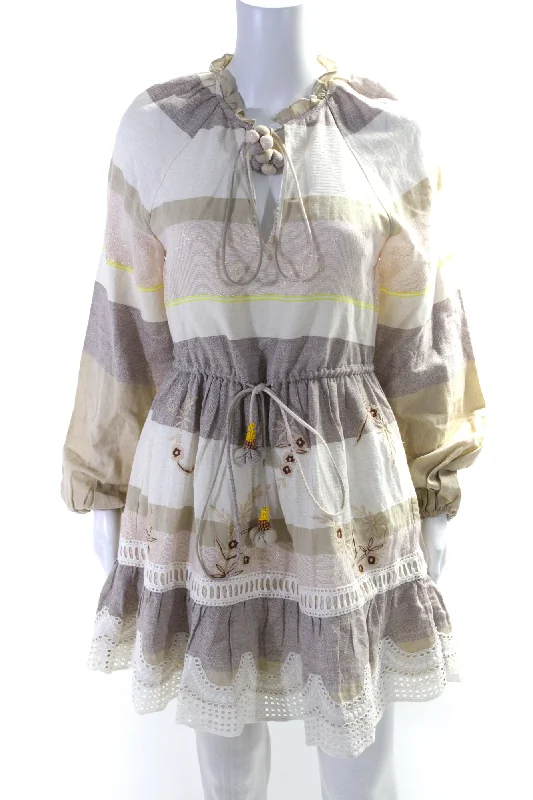 One-DAY Sale Hemant & Nandita Womens Striped Floral Embroidered Dress White Brown Cotton XS