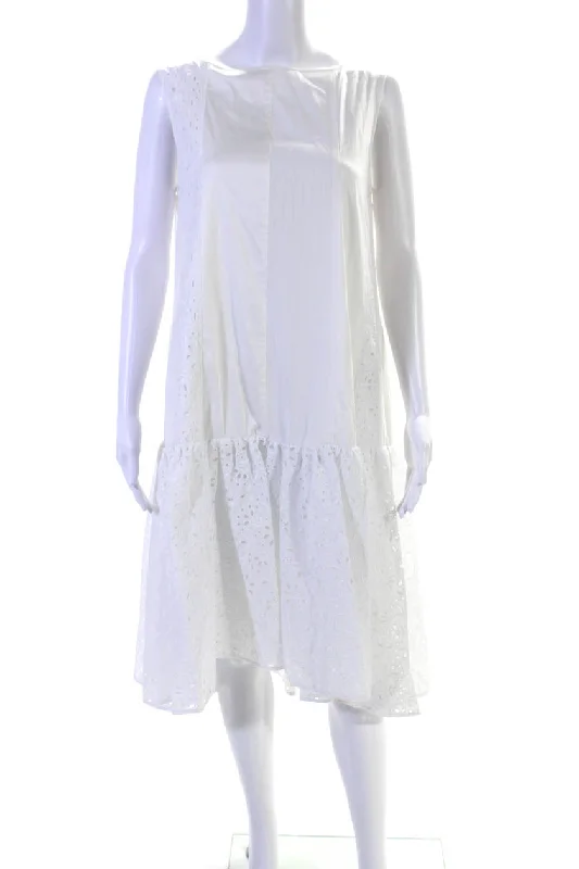 Steals and Deals Adeam Women's Round Neck Sleeveless Eyelet Tiered Oceanic Dress White