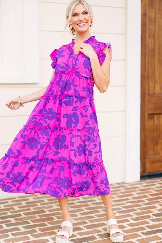 Referral Discount Show You Off Magenta Purple Floral Midi Dress