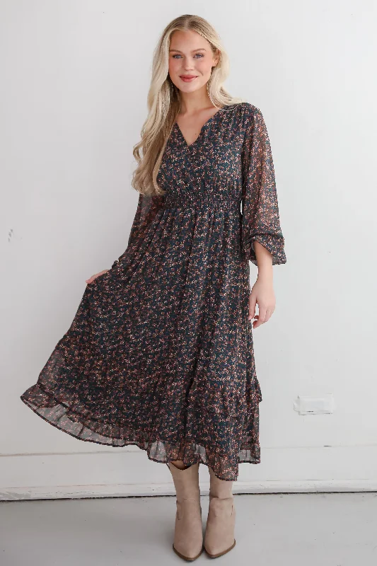 New Deals FINAL SALE - Remarkably Flourishing Teal Floral Midi Dress