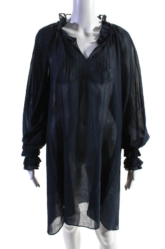 Deal of the Day Teija Womens Cotton Ruffled Bishop Long Sleeve Darted Midi Dress Navy Deal of the Day Teija Womens Cotton Ruffled Bishop Long Sleeve Darted Midi Dress Navy
