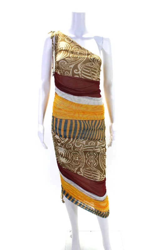 Final Markdown Alexis Womens Ebony Patchwork Ruched Zipped One Shoulder Dress Yellow