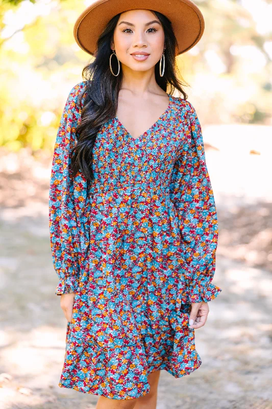 Midnight Madness Feels So Right Turquoise Blue Ditsy Floral Dress
