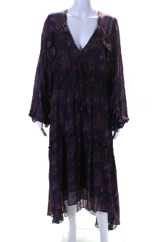 Seasonal Clearance Figue Womens Silk Floral Ruched V-Neck Tied Long Sleeve Ruffle Dress Blue Seasonal Clearance Figue Womens Silk Floral Ruched V-Neck Tied Long Sleeve Ruffle Dress Blue