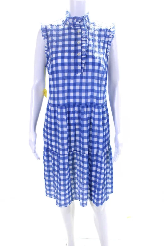 Price Break 0039 Italy Womens Blue Gingham Ruffle Crew Neck Sleeveless Pompae Dress