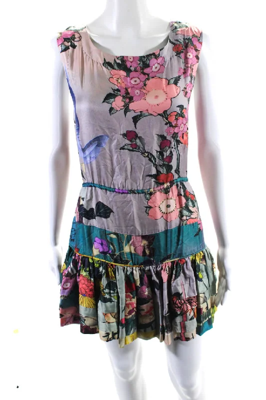 Hot Deal Rochas Womens Floral Sleeveless Satin Drop Waist Dress Multicolor