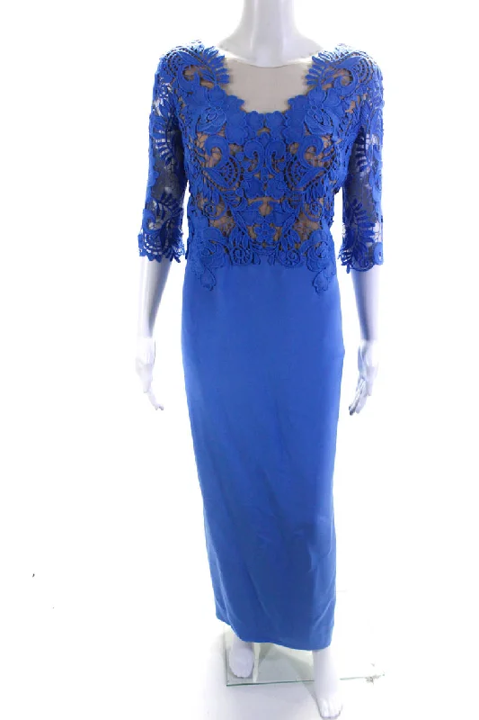 Savings Galore Cristina Ottaviano Womens Lace Yoke 3/4 Sleeve Illusion Gown Dress Blue