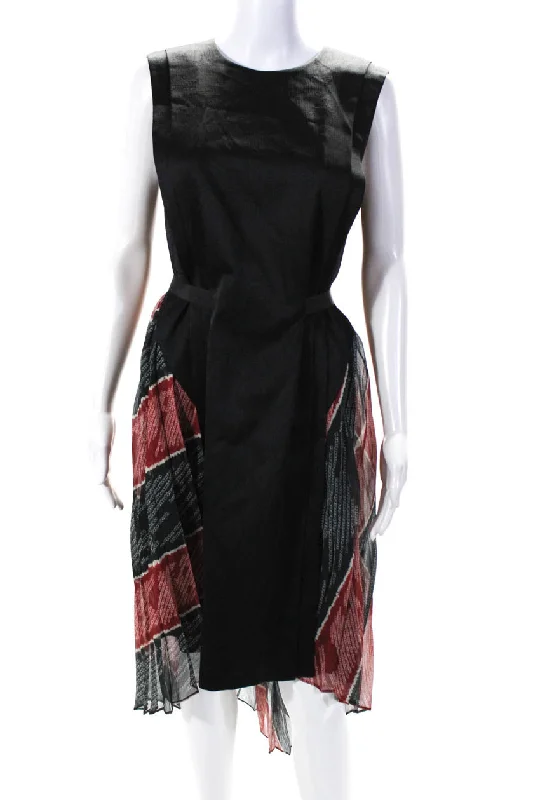 Price Cut Adeam Womens Abstract Print Tie Front Sleeveless Sunburst Dress Black