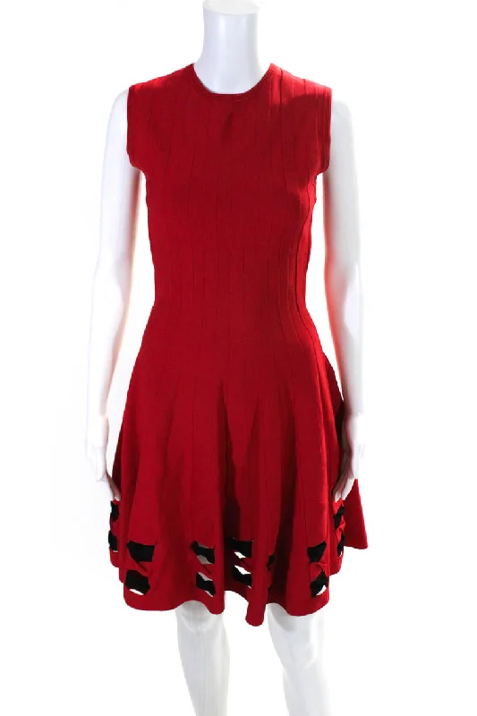 Act Fast Alexander McQueen Womens Knit Cut Out Sleeveless A-Line Dress Red Black