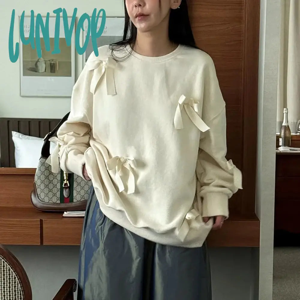 Act Now Lunivop Casual Bows Patchwork Sweatshirts Women's Loose Long Sleeve Fashion O Neck Top Solid Pullover Autunmn Winter Act Now Lunivop Casual Bows Patchwork Sweatshirts Women's Loose Long Sleeve Fashion O Neck Top Solid Pullover Autunmn Winter