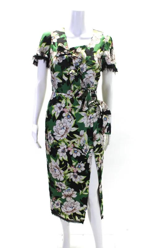 Reduced Prices Le Superbe Womens Floral Short Sleeve Bow Slit Pencil Dress Green