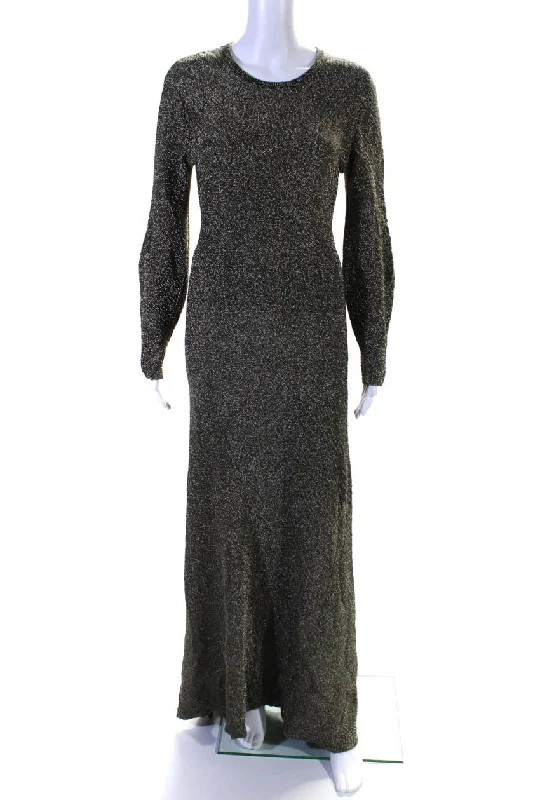 New Arrival Herve Leger Womens Back Zip Crew Neck Metallic Knit Long Dress Brown