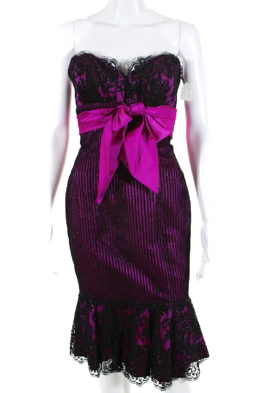 Deal of the Week Rafael Cennamo Womens Back Zip Lace Striped Bow Cocktail Dress Pink Black Deal of the Week Rafael Cennamo Womens Back Zip Lace Striped Bow Cocktail Dress Pink Black