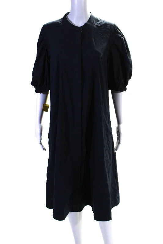 Discount Mania Foil Womens Back In Business Puff Sleeve Midi Shirt Dress Navy Blue