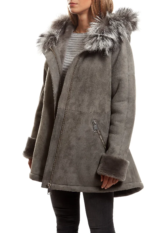 Super Savings Light Grey Sheepskin Duffle Coat