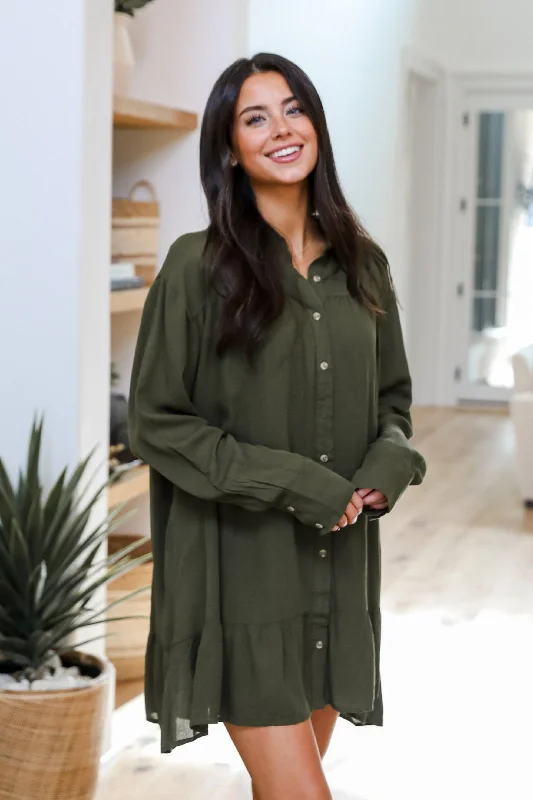 Savings Bonanza Approachably Adorable Olive Button Front Mini Dress