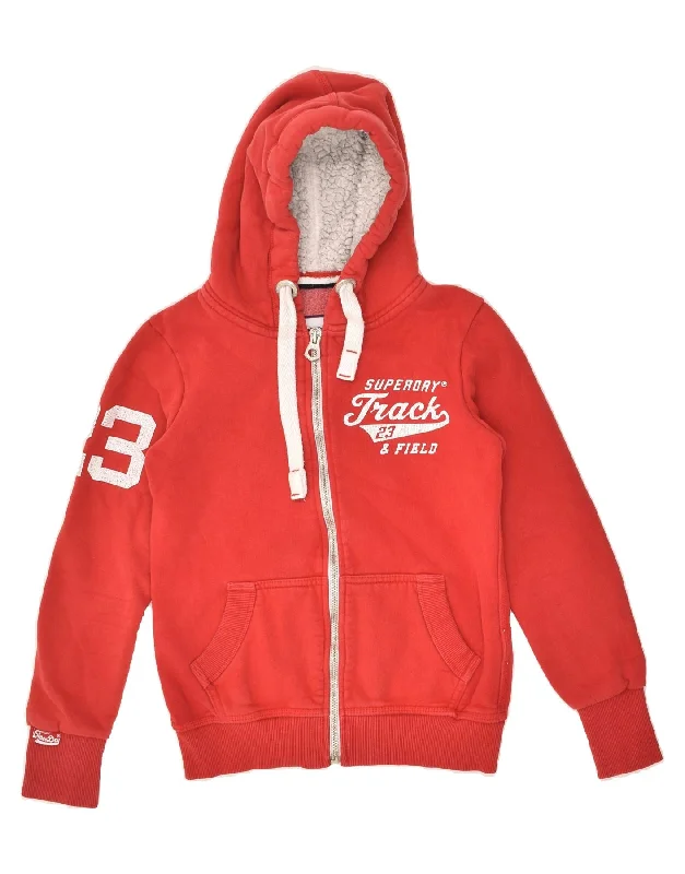 Can't Be Beat SUPERDRY Womens Graphic Zip Hoodie Sweater UK 8 Small Red Cotton