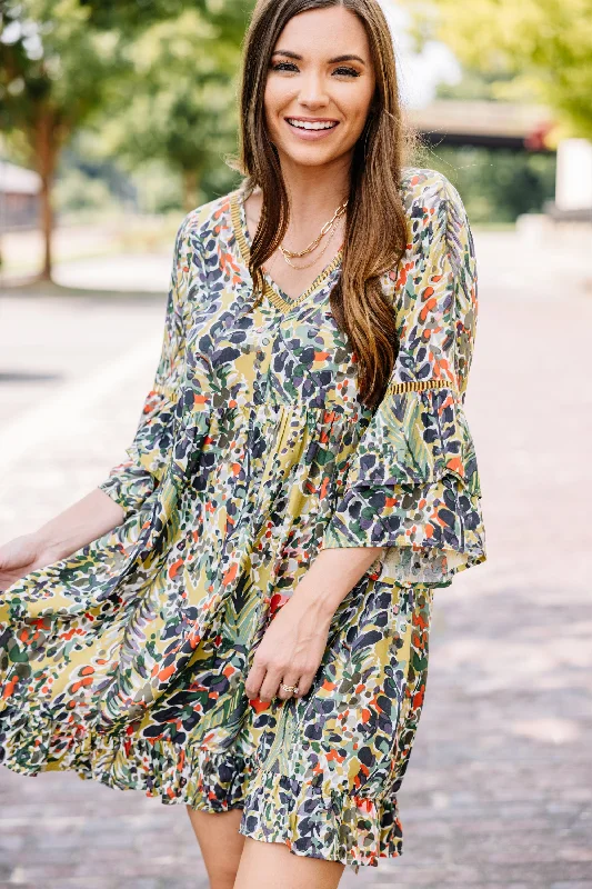 Act Now Just You Wait Moss Green Bell Sleeve Dress