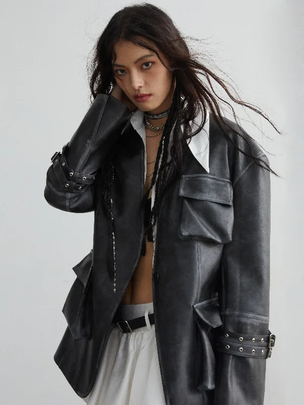 Weekend Special Vintage Pu Leather 3D Pocket No-Collar Jacket