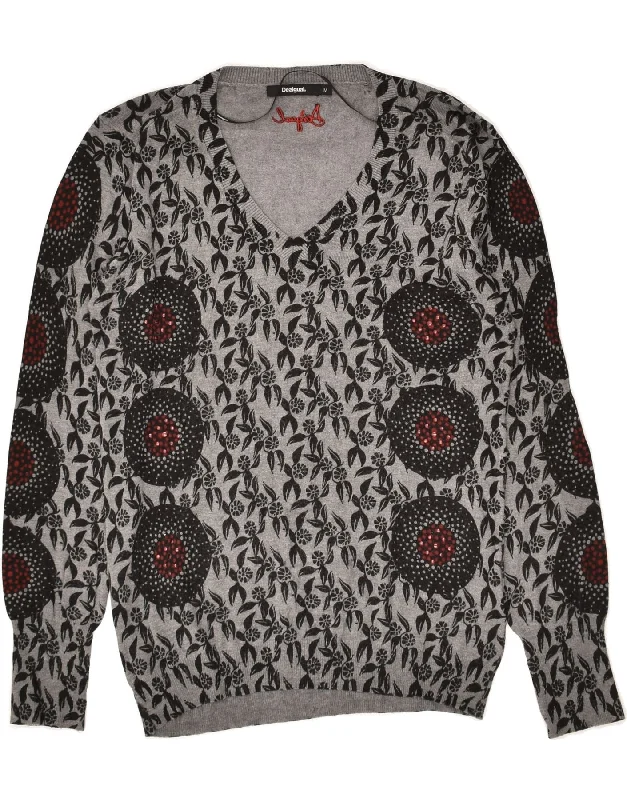 Deal Frenzy DESIGUAL Womens Graphic V-Neck Jumper Sweater UK 12 Medium Grey Floral