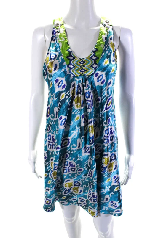 Mega Deal Oscar de la Renta Womens Silk Ikat Paisley Print Dress Blue