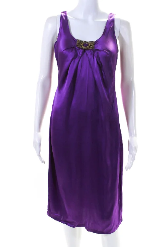 Big Discounts Emilio Pucci Womens Silk Scoop Neck Beaded Pleated Shift Dress Purple