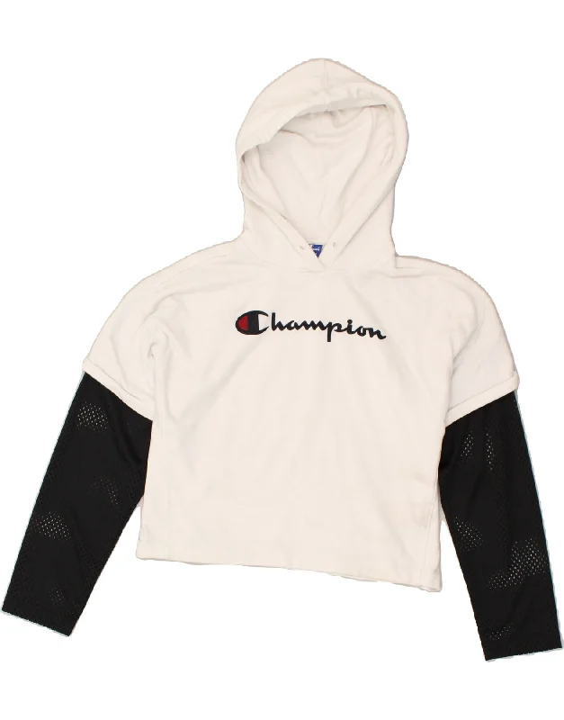 Great Deals CHAMPION Womens Crop Graphic Hoodie Jumper UK12 Medium White Colourblock Great Deals CHAMPION Womens Crop Graphic Hoodie Jumper UK12 Medium White Colourblock