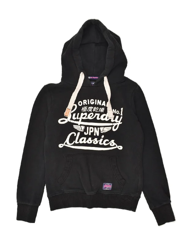 Bonus Savings SUPERDRY Womens Graphic Hoodie Jumper UK 6 XS Black Cotton