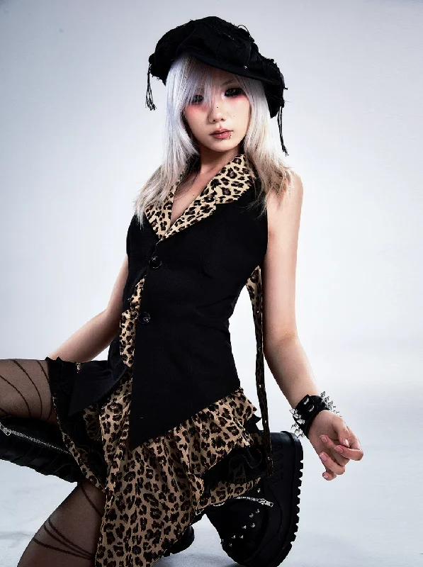 Amazing Deals Frustration Garden Gothic Punk Halter Vest - Black With Leopard Print Lapels And Button Front