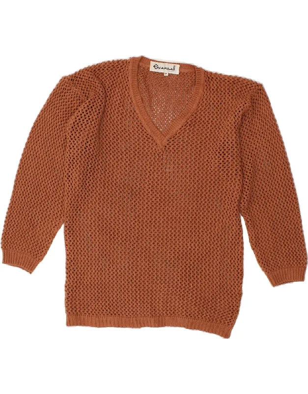 New Arrival VINTAGE Womens See Through V-Neck Jumper Sweater UK 14 Medium Brown