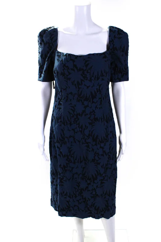 Special Price Oscar de la Renta Womens Floral Print Short Sleeves Dress Black Blue