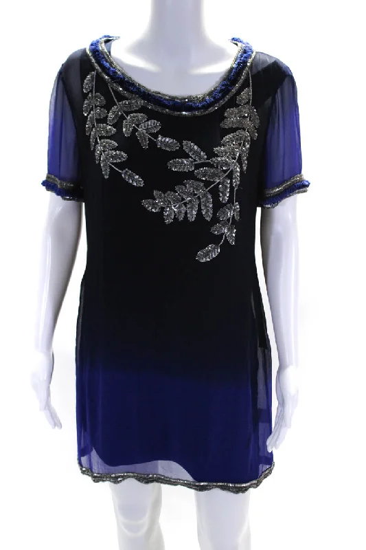 Best Seller Matthew Williamson Womens Silk Sequin Beaded Ombre Shift Dress Blue