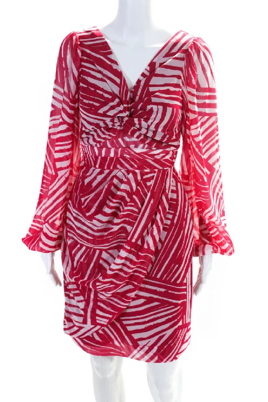Online Only Toccin Womens Knotted V Neck Long Sleeve Chiffon Sheath Dress Pink White Online Only Toccin Womens Knotted V Neck Long Sleeve Chiffon Sheath Dress Pink White