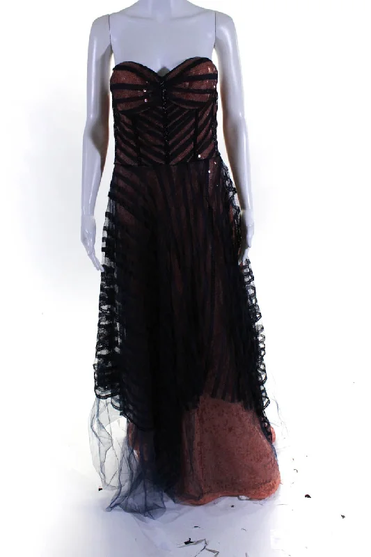 Early Access Angel Sanchez Womens Layered Striped Sequined Sleeveless Maxi Gown Navy