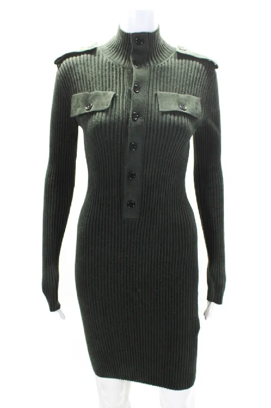 Members Only Bottega Veneta Womens Long Sleeve Ribbed Knit Sweater Dress Green