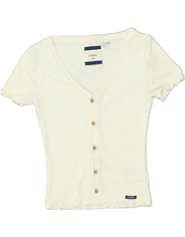 Markdown Madness SUPERDRY Womens Short Sleeve Cardigan Sweater UK 6 XS Off White Cotton Markdown Madness SUPERDRY Womens Short Sleeve Cardigan Sweater UK 6 XS Off White Cotton