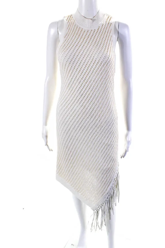 Early Access Jonathan Simkhai Womens Open Knit Sleeveless Fringe Shift Dress White