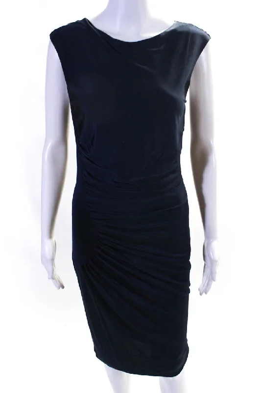One-DAY Sale Emilio Pucci Womens Knit Satin Draped Sleeveless Sheath Dress Navy