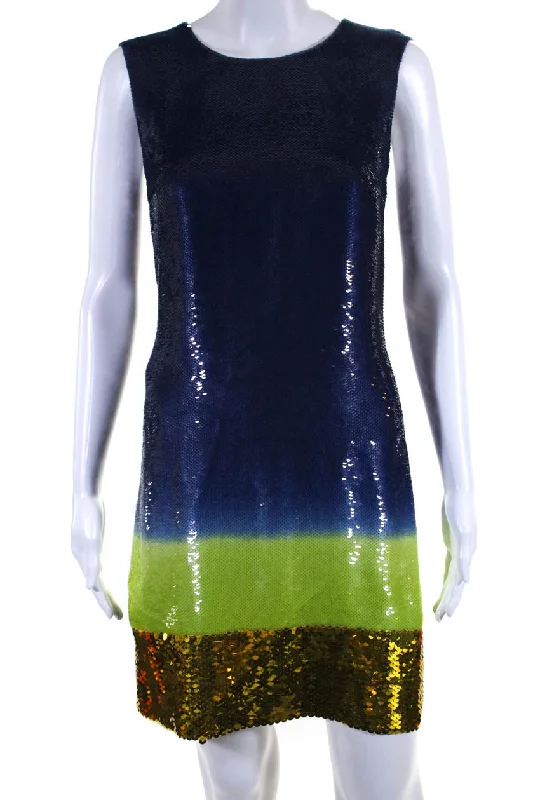 Holiday Sale Prada Womens Silk Sequined Sleeveless Shift Dress Blue Gold
